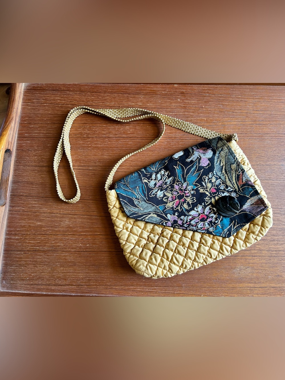 Quilted Gold Crossbody Bag with Floral Print Flap